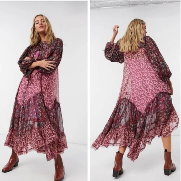 Free People Estelle Chiffon Button Front Dress fringe thread shredding Medium - Picture 1 of 10